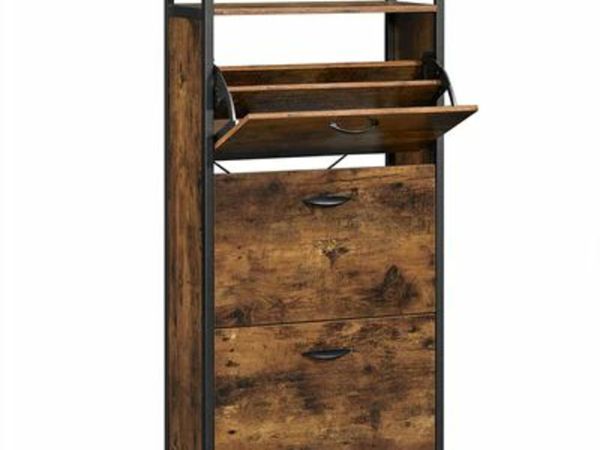 SHOE CABINET, SHOE RACK WITH 3 FOLD DOWN DOORS, SHOE RACK FOR 15-18 PAIRS OF SHOES 60 X 30 X 130 CM VINTAGE BROWN/BLACK