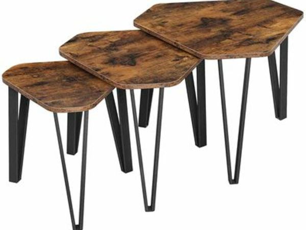 SIDE TABLE SET, 3 PIECE BEDSIDE TABLES, COFFEE TABLES, WITH METAL LEGS, EASY ASSEMBLY, INDUSTRIAL DESIGN, VINTAGE BROWN-BLACK