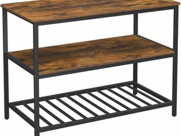 STANDING SHELF, 120 X 60 X 90 CM, KITCHEN ISLAND WITH LARGE WORKTOP, DINING TABLE, KITCHEN SHELF WITH 3 SHELVES, STURDY METAL FRAME, VINTAGE BROWN-BLACK