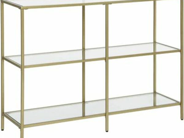 CONSOLE TABLE, HALL TABLE, 3 LEVELS, SIDE TABLE, SHELVES MADE OF TEMPERED GLASS, 100 X 30 X 73 CM, METAL FRAME, MODERN, FOR HALL, LIVING ROOM, BEDROOM, GOLD-COLORED