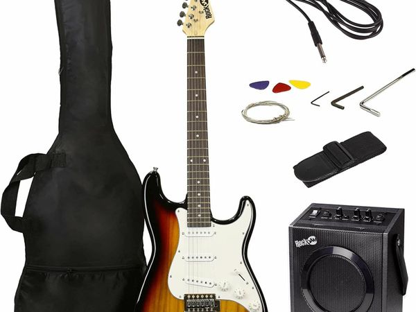 RockJam Full Size Electric Guitar Kit with 10-Watt Guitar Amp, Lessons, Strap, Gig Bag, Picks, Whammy, Lead and Spare Strings - SunBurst