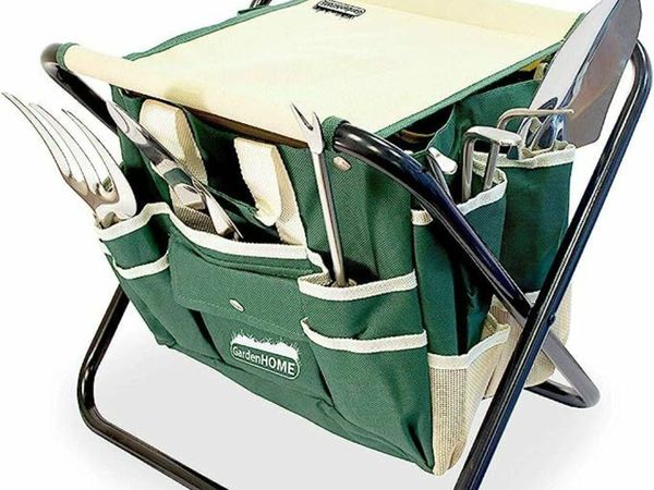 Garden Tools Set 7 Piece All-In-One- 5 Sturdy Stainless Steel Gardening Tools Folding Stool, Detachable Canvas Bag