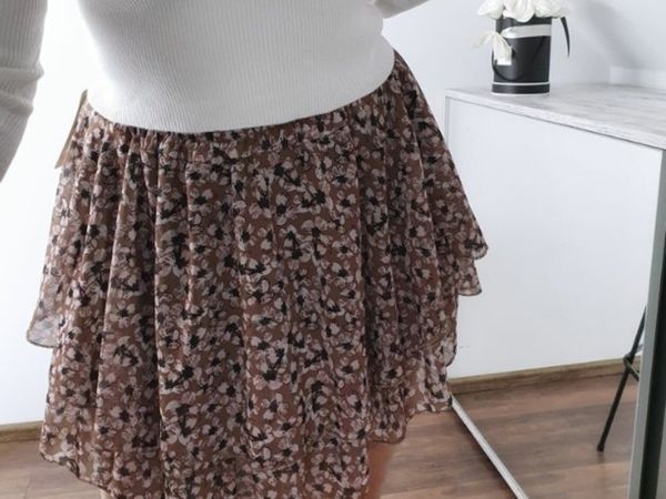 Print tiered frill mini skirt brown flowers