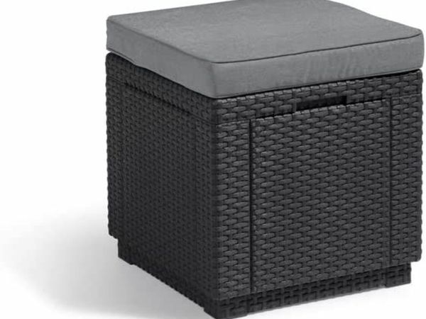 Keter Outdoor Garden Storage Seat Stool with Cushion, Graphite with Grey Cushion