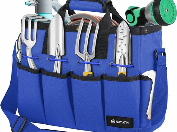 Roylvan Garden Tool Tote Bag Organizer with Shoulder Strap, 14-Inch Multi-Purpose Tool Storage Bag for Gardening Electrician Maintenance with Multi Pockets(Bag Only/No Tool), Gifts For Dad, Dark Blue