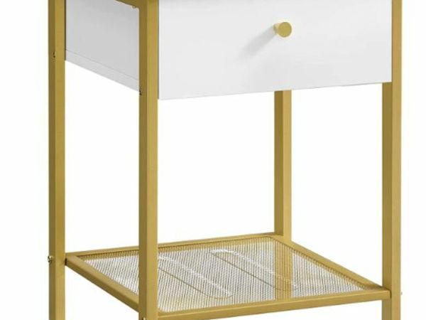 BEDSIDE TABLE, SIDE TABLE, WITH DRAWER AND GRID SHELF, FOR BEDROOM, LIVING ROOM, MODERN, WHITE-GOLD-COLORED