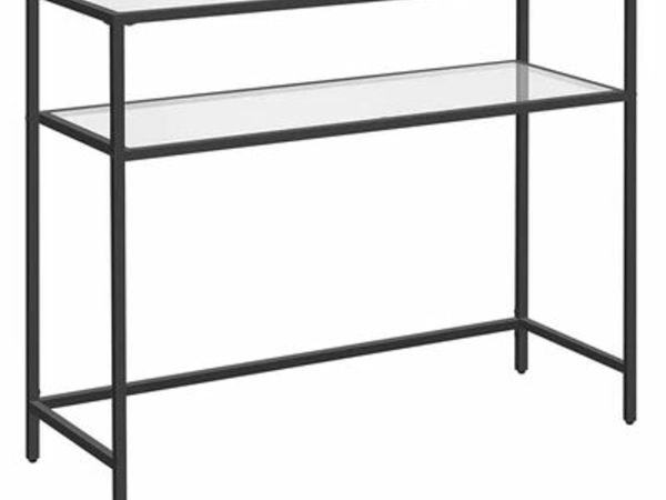 CONSOLE TABLE, SIDE TABLE WITH 2 SHELVES, TEMPERED GLASS, STORAGE SHELF, METAL FRAME, ADJUSTABLE FEET, FOR LIVING ROOM, HALLWAY, BLACK