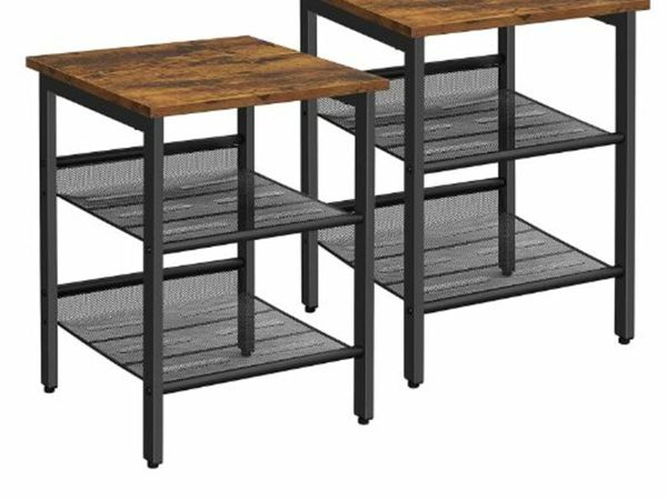 SIDE TABLES, SET OF 2, BEDSIDE TABLES, INDUSTRIAL STYLE, WITH ADJUSTABLE MESH SHELVES, FOR LIVING ROOM, BEDROOM, HALLWAY, OFFICE, STABLE, RUSTIC BROWN AND BLACK