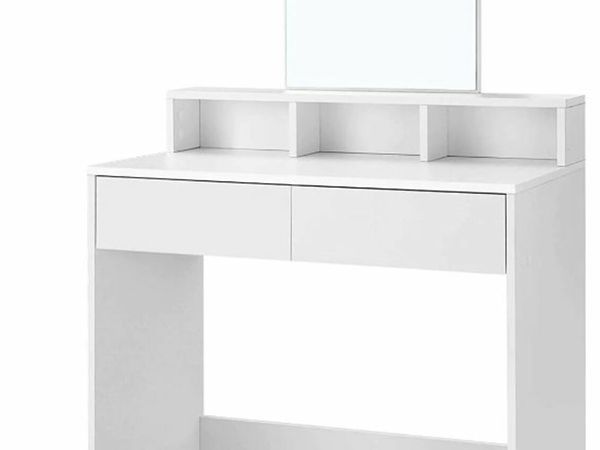 DRESSING TABLE WITH RECTANGULAR MIRROR AND 2 DRAWERS, COSMETIC TABLE WITH 3 OPEN COMPARTMENTS, DRESSING TABLE FOR MAKE-UP, MODERN, WHITE
