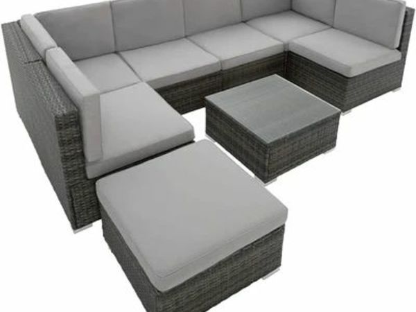XXL POLY RATTAN SEATING GROUP VENICE, 6 SEATS 1 TABLE 1 STOOL WITH STAINLESS STEEL SCREWS, EXTRA THICK SEAT CUSHIONS - VARIOUS COLORS - (GREY | NO. 402698