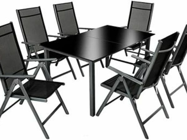ALUMINUM POLYRATTAN 6+1 SEATING SET, 6 FOLDING CHAIRS & 1 TABLE WITH GLASS TOPS - VARIOUS COLORS, DARK GRAY