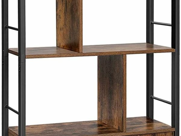 BOOKCASE, BOOKCASE WITH 4 OPEN SHELVES, SPACIOUS LIVING ROOM CABINET, KITCHEN, OFFICE, STURDY STEEL FRAME, INDUSTRIAL DESIGN, VINTAGE BROWN/BLACK
