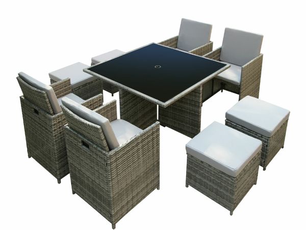 9 Piece 8 Seater Rattan Dining Garden Furniture Patio Set w/ Parasol Hole - Grey