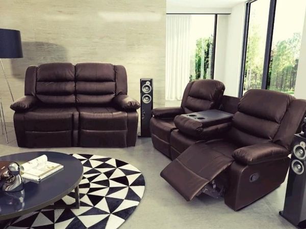 New 3+2 Black Leather Sofas Recliners