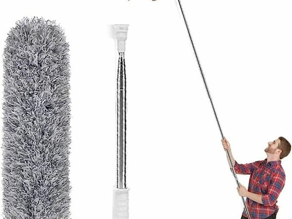 Feather Duster Extendable Telescopic Pole, Extra Long 100 Inches,Microfiber Duster with Washable Bendable Head, Hand Duster for Cleaning High Ceiling Fans, Blinds, Cobweb, Cars
