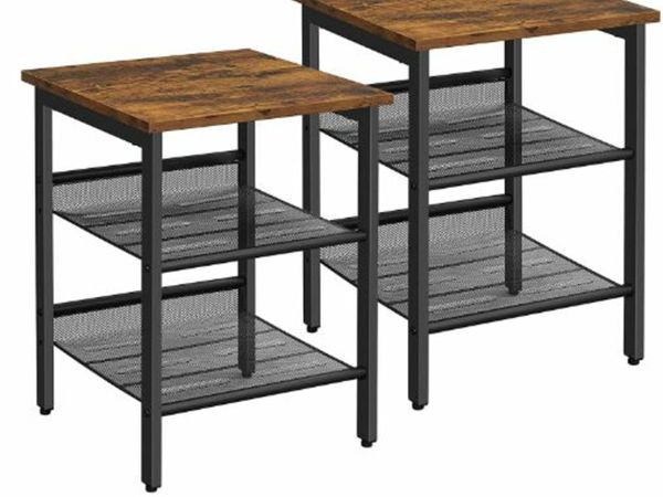SIDE TABLES, SET OF 2, BEDSIDE TABLES, INDUSTRIAL STYLE, WITH ADJUSTABLE MESH SHELVES, FOR LIVING ROOM, BEDROOM, HALLWAY, OFFICE, STABLE, RUSTIC BROWN AND BLACK