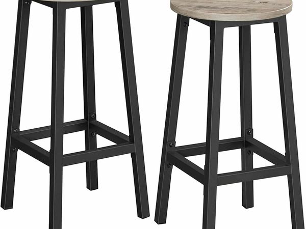 HIGH STOOLS, SET OF 2, BAR CHAIRS, KITCHEN SEAT, STEEL FRAME, HEIGHT 65 CM, EASY ASSEMBLY, INDUSTRIAL STYLE, TAUPE AND BLACK