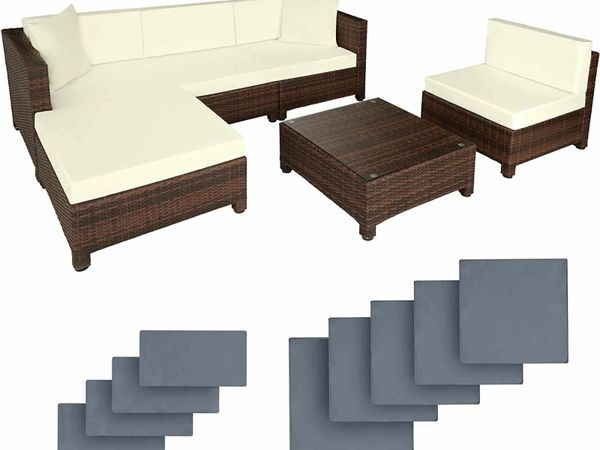 HIGH-QUALITY POLY RATTAN ALUMINUM LOUNGE, INCLUDING CUSHIONS AND 2 SETS OF COVERS, 2 ARMCHAIRS, 2 CORNER ARMCHAIRS, 1 STOOL, 1 TABLE WITH GLASS TOP