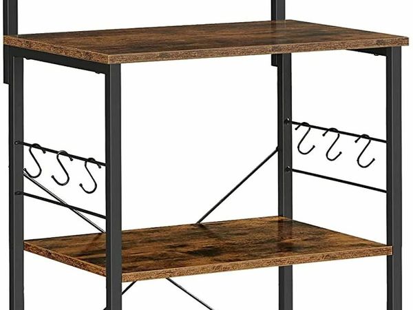 KITCHEN SHELF, STANDING SHELF WITH 3 SHELVES, WITH 6 S-SHAPED HOOKS, INDUSTRIAL DESIGN, FOR MICROWAVE, COOKING UTENSILS, SPICES, POTS AND PANS, VINTAGE BROWN-BLACK