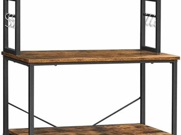 KITCHEN SHELF, STANDING SHELF WITH SHELVES, WITH 6 HOOKS AND METAL FRAME, INDUSTRIAL DESIGN, FOR MICROWAVE, COOKING UTENSILS, 80 X 40 X 167 CM, VINTAGE BROWN-BLACK
