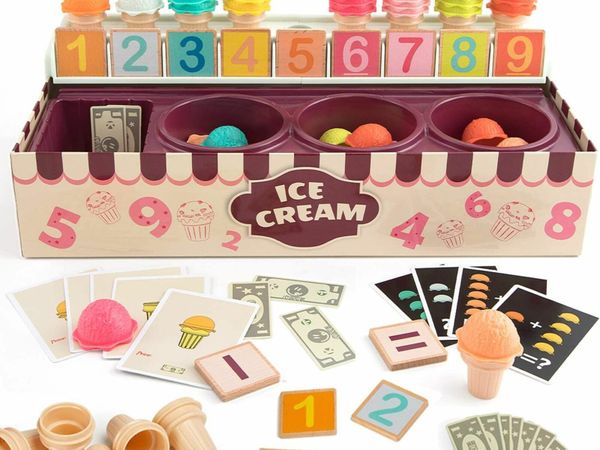 TOP BRIGHT Ice Cream Play Set – Math and Logic Game – Ice Cream Scoop Game Set for Toddlers – Educational Role Play Game for Kids – Ice Cream Cone with Math Cards – Cognitive Development