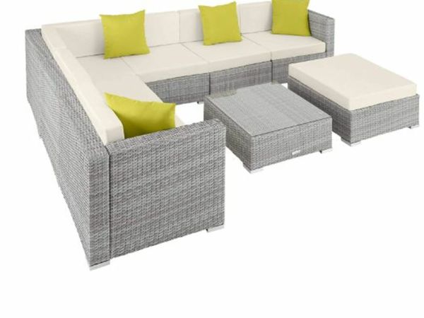 ALUMINUM POLYRATTAN LOUNGE SET, SEATING GROUP WITH TABLE WITH GLASS TOP, FOR GARDEN AND TERRACE, INCLUDING CUSHIONS AND CLAMPS (GRAY | NO. 403838)