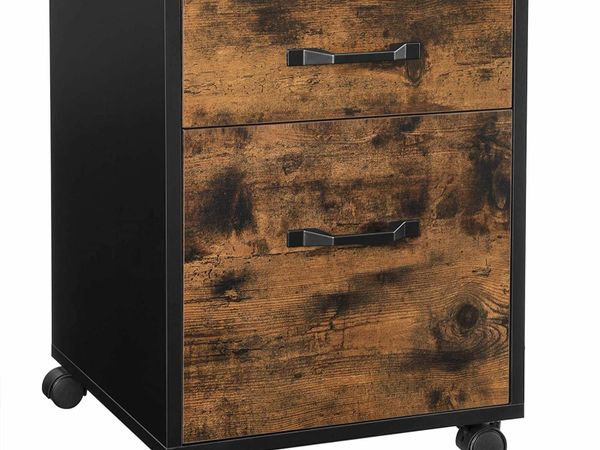 PEDESTAL WITH 2 DRAWERS ON CASTERS, MOBILE OFFICE STORAGE, FOR DOCUMENTS, A4 FORMAT, HANGING FILES, INDUSTRIAL STYLE, RUSTIC BROWN AND BLACK