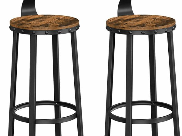 SET OF 2, BAR CHAIRS, HIGH STOOLS, WITH BACKREST, KITCHEN SEAT, STEEL FRAME, 73.2 CM HIGH SEAT, EASY ASSEMBLY, INDUSTRIAL STYLE, RUSTIC BROWN AND BLACK