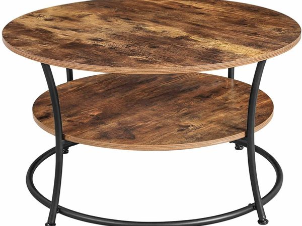 ROUND COFFEE TABLE, LIVING ROOM TABLE, COFFEE TABLE WITH SHELF, EASY ASSEMBLY, METAL, INDUSTRIAL DESIGN, VINTAGE, DARK BROWN