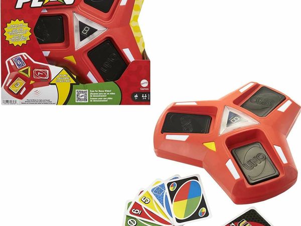 UNO Triple Play Card Game with Card-Holder Unit with Lights & Sounds & 112 Cards, Kid, Teen & Adult Game Night Gift Ages 7 Years & Older - HCC21