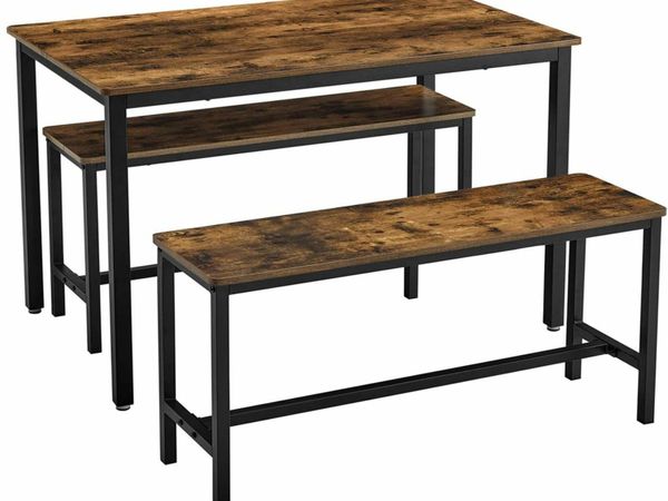 DINING TABLE KITCHEN TABLE SET 110 X 70 X 75 CM WITH 2 BENCHES 97 X 30 X 50 CM METAL FRAME KITCHEN LIVING ROOM DINING ROOM INDUSTRIAL DESIGN VINTAGE BROWN BLACK