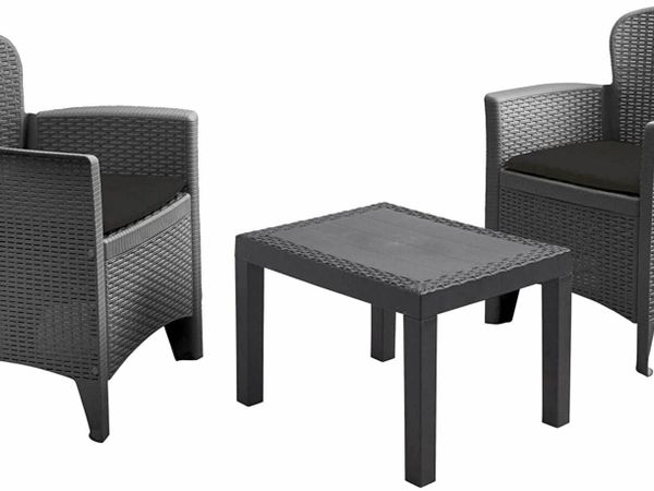 RATTAN GARDEN FURNITURE SET ANTHRACITE - 2 ARMCHAIRS WITH UPHOLSTERY + GARDEN TABLE - BALCONY SET SEATING GROUP RATTAN SET