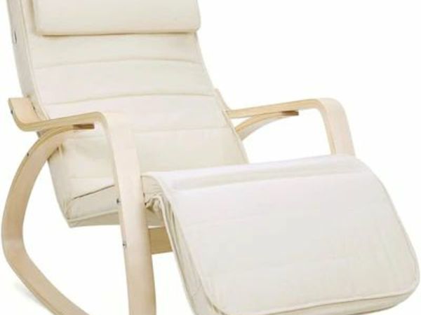 ROCKING CHAIR IN BIRCH WOOD, ROCKING CHAIR WITH FOOTREST ADJUSTABLE TO 5 HEIGHTS, COTTON COVER, LOAD CAPACITY 150 KG, FOR LIVING ROOM, BEDROOM, BEIGE