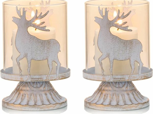 Sziqiqi Vintage Antique Metal Pillar Candle Holders Set of 2, Distressed Hurricane Candlestick Candle Holders Prefer Centerpieces for Christmas Table Mantle Fireplace Decoration, Deer