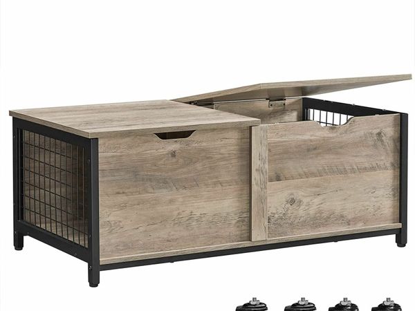 COFFEE TABLE WITH FOLDING TABLE TOP HIDDEN STORAGE MESH SHELF METAL FRAME FOR LIVING ROOM INDUSTRIAL DESIGN 100 X 55 X 45 CM GREIGE-BLACK