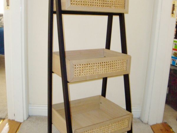 Ladder shelf storage unit black frame with cane detail