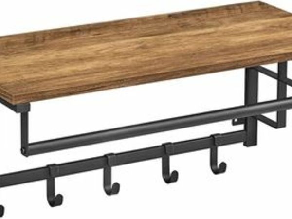 WALL COAT RACK WITH SHELF, WALL SHELF, WITH 5 DETACHABLE HOOKS, WALL MOUNTED HANGING SHELF WITH HANGING ROD, FOR HALLWAY, BEDROOM AND LIVING ROOM, WALNUT BROWN BLACK