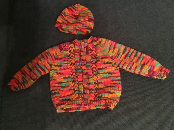 Bright Hand-Knitted Baby Cardigan & Hat 0-3 months