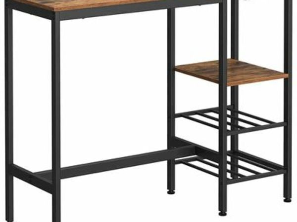 BAR TABLE, HIGH TABLE, 110 X 40 X 90 CM, WITH HOLDERS FOR WINE GLASSES AND BOTTLES, KITCHEN TABLE, FOR LIVING ROOM, KITCHEN, INDUSTRIAL DESIGN, VINTAGE BROWN-BLACK