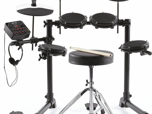 Kids Electric Drum Kit with 4 Quiet Mesh Electronic Drum Pads, 120 Sounds, Drum Sticks, Drum Stool, Headphones, and Lessons
