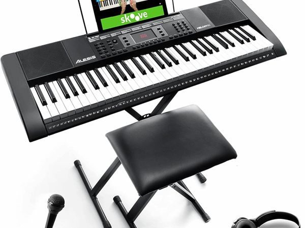 61 Key Keyboard Piano for Beginners with Speakers, Stand, Stool, Headphones, Microphone, Sheet Music Stand, 300 Sounds and Music Lessons