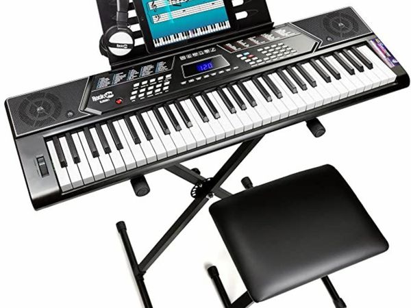 Rockjam 61 Key Keyboard Piano with Pitch Bend Kit, Keyboard Stand, Piano Bench, Headphones, Simply Piano App & Keynote Stickers