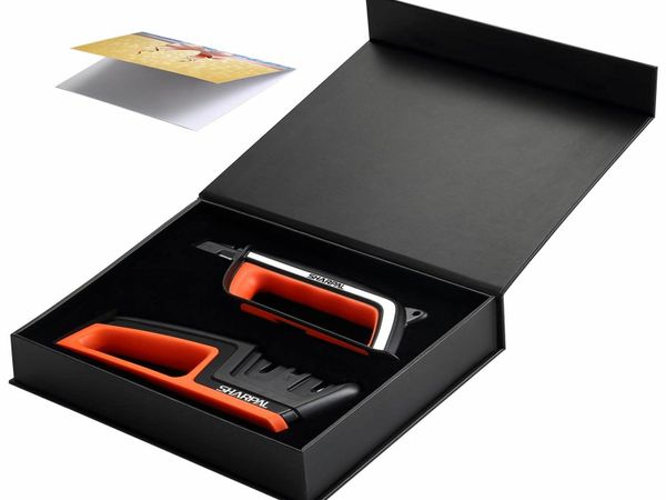 SHARPAL Kitchen Knife and Scissors Sharpener & Garden Tool Sharpener, Sharpening Straight and Serrated Knives, Shears, Secateurs, Axe, Lawn Mower Blade and Scissors, Combo Gift Pack w/Greeting Card