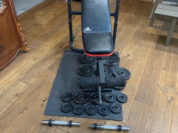 Bench , 10 kg barbell   Dumbbells and weight