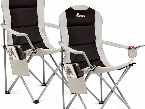 SUNMER Padded Camping Chairs - Set of 2 Deluxe Folding Chairs with Cup Holder and Side Pocket