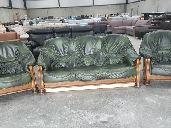 Green leather 3 and 1  1 sofas