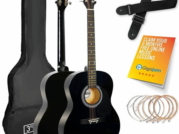 3rd Avenue Full Size 4/4 Acoustic Guitar Steel String Pack Bundle for Beginners - 6 Months FREE Lessons, Bag, Picks and Spare Strings - Black