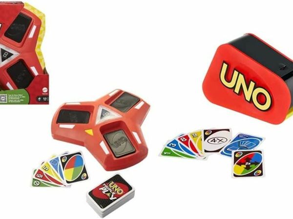 Mattel Games UNO Triple Play Card Game with Card-Holder Unit with Lights & Sounds & 112 Cards, HCC21 & UNO Extreme Card Game Featuring Random-Action Launcher with Lights & Sounds & 112 Cards