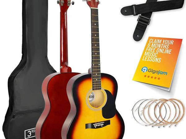 3rd Avenue Full Size 4/4 Acoustic Guitar Steel String Pack Bundle for Beginners - 6 Months FREE Lessons, Bag, Picks and Spare Strings - Sunburst