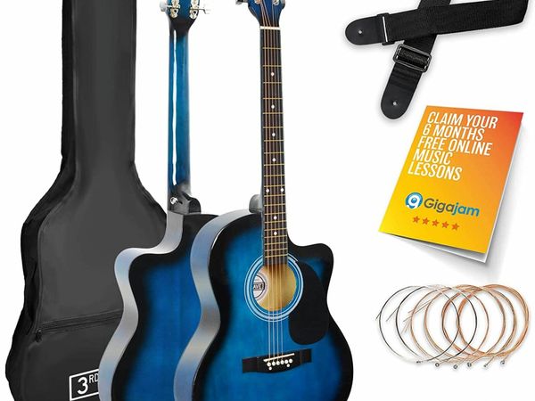 3rd Avenue Full Size 4/4 Cutaway Acoustic Guitar Pack Bundle for Beginners - 6 Months FREE Lessons, Bag, Strap, Picks and Spare Strings – Blue